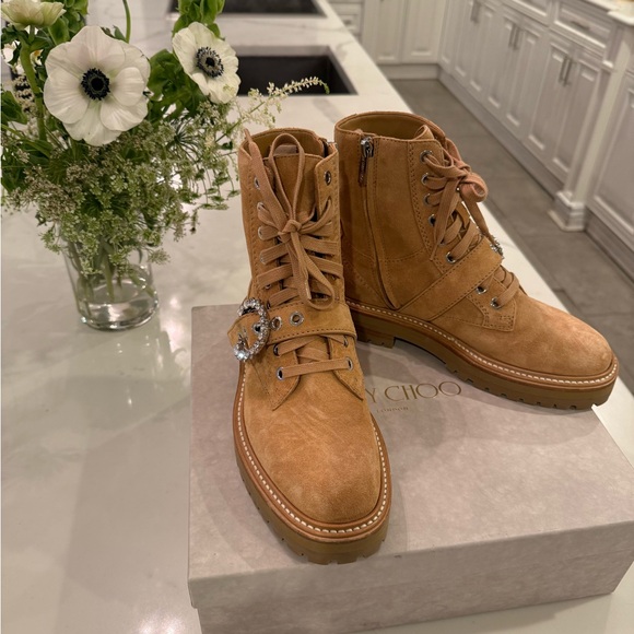 Jimmy Choo Cora Caramel Suede Combat Boots with Crystal Buckle - Picture 2 of 8